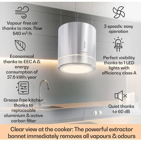 Klarstein Tron Ambience Island Extractor Hood Ø38cm Convection 540m³ / H LED Stainless Steel 2 Klarstein Tron Ambience Island Extractor Hood Ø38cm Convection 540m³ / H LED Stainless Steel - Image 2