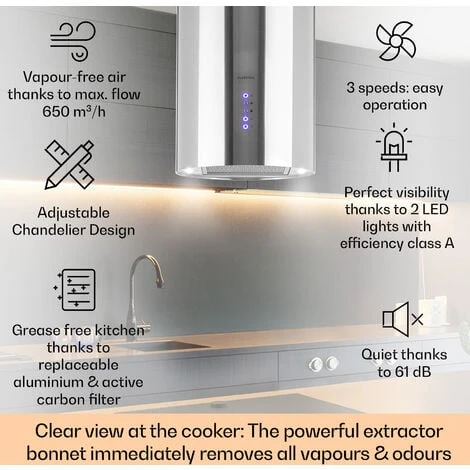 Klarstein Beretta Island Cooker Extractor Hood Ø35cm Exhaust / Circulating Air 650m³ / H LED Stainless Steel 2 Klarstein Beretta Island Cooker Extractor Hood Ø35cm Exhaust / Circulating Air 650m³ / H LED Stainless Steel - Image 2
