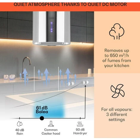 Klarstein Beretta Island Cooker Extractor Hood Ø35cm Exhaust / Circulating Air 650m³ / H LED Stainless Steel 3 Klarstein Beretta Island Cooker Extractor Hood Ø35cm Exhaust / Circulating Air 650m³ / H LED Stainless Steel - Image 3