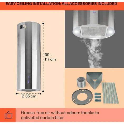 Klarstein Beretta Island Cooker Extractor Hood Ø35cm Exhaust / Circulating Air 650m³ / H LED Stainless Steel 5 Klarstein Beretta Island Cooker Extractor Hood Ø35cm Exhaust / Circulating Air 650m³ / H LED Stainless Steel - Image 5