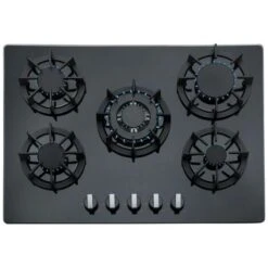 SIA R8 70cm Black 5 Burner Gas On Glass Hob With Cast Iron Pan Stands