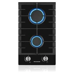 Built-in 2 Burner Gas Hob, Black Glass Gas Cooktop, Cooker With FFD And Cast Iron Pan Supports [Energy Class A+] Thermomate GHBG302