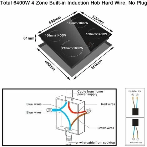 Induction Hob, 4 Zones Built-in Electric Hob 60cm Induction Cooker 6400w Touch Control, Child-safety Lock, Stop&go Function, Hard Wire, No Plug Included 2 Induction Hob, 4 Zones Built-in Electric Hob 60cm Induction Cooker 6400w Touch Control, Child-safety Lock, Stop&go Function, Hard Wire, No Plug Included - Image 2