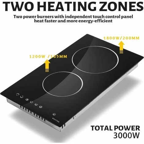 NOXTON Ceramic Hob, 2 Zone Domino Cooker Built-in 30cm Electric Hobs Black Glass Hot Plate Cooktop With Touch Controls 2 NOXTON Ceramic Hob, 2 Zone Domino Cooker Built-in 30cm Electric Hobs Black Glass Hot Plate Cooktop With Touch Controls - Image 2