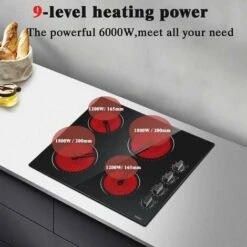 Ceramic Hob 4 Zones Electric Hob With Knobs Built In 6000W Ceramic Hob 60cm With Non-abrasive Black Glass Auto Switch Off Safety Hard Wire, No Plug Included -Home Appliances Store 72566724 3