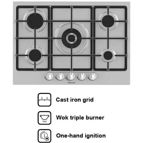 70cm Gas Hob In Stainless Steel, 5 Burner, Cast Iron Supports - Hisense GM773XF 2 70cm Gas Hob In Stainless Steel, 5 Burner, Cast Iron Supports - Hisense GM773XF - Image 2