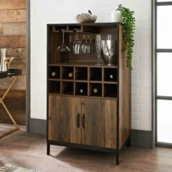 Wine Cabinet Drink Bottle Storage Unit Glass Door 10 Shelves 2 Doors Rustic Oak