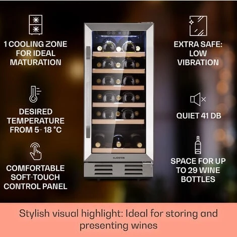 Klarstein Vinovilla 29 Built-In Wine Fridge 81 L / 29 Bottles 1 Zone Glass Door Stainless Steel 2 Klarstein Vinovilla 29 Built-In Wine Fridge 81 L / 29 Bottles 1 Zone Glass Door Stainless Steel - Image 2
