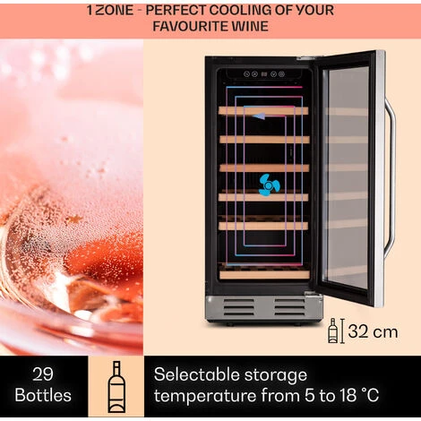 Klarstein Vinovilla 29 Built-In Wine Fridge 81 L / 29 Bottles 1 Zone Glass Door Stainless Steel 3 Klarstein Vinovilla 29 Built-In Wine Fridge 81 L / 29 Bottles 1 Zone Glass Door Stainless Steel - Image 3